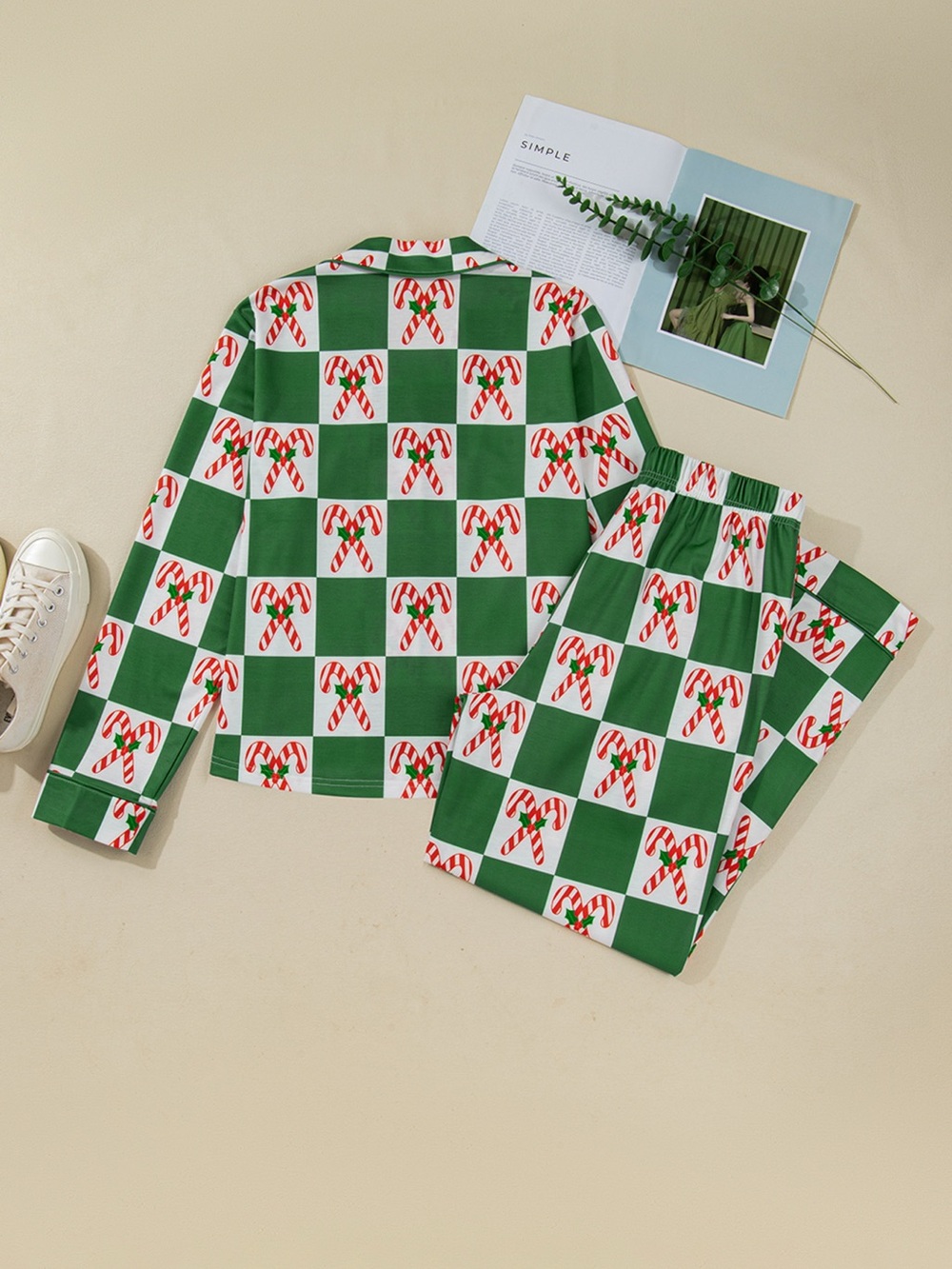 Candy Cane Checkered Pattern 2pcs Pajama Set - Picture 5 of 14